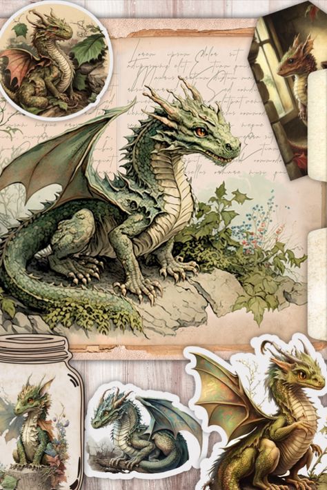 Garden Dragon Junk Journal Kit Dragon Collage, Fantasy Scrapbook, Dnd Scrapbook Journal, Fantasy Scrapbook Journal, Dragon Journal Pages, Tim Holtz Dragon Cards, Vintage Dragon, Digital Journal, Digital Backdrops