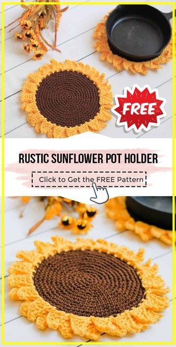 Sunflower Pot Holder, Pot Holder Crochet, Sunflower Pot, Crochet Pot Holders Free Pattern, Crochet Potholder Patterns, Sunflower Crochet, Crochet Coasters Free Pattern, Crochet Hot Pads, Crochet Chicken