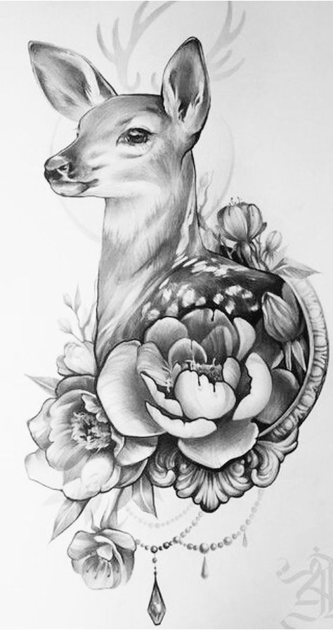 White Deer Tattoo, Doe And Fawn Drawing, Girly Deer Tattoo, Fallow Deer Tattoo, Doe And Fawn Tattoo, Female Deer Drawing, Feminine Deer Tattoo, Deer Flower Tattoo, Female Deer Tattoo