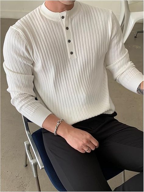 Men's Half Button Pullover Tops Ribbed Knit Long Sleeve Sweater                                                       Price:$34 Mens Prom Outfit, Prom For Guys, Autumn Sweater, Estilo Chic, Mens Cardigan, Collar Sweater, Ribbed Knit Sweater, Mens Spring, Fall Sweaters