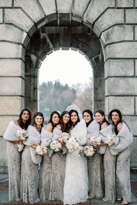 Order Number: 3641 Photographer: https://www.alexpaulphotography.com/ Winter Color Schemes Wedding, Gray Wedding Theme, Winter Wedding Bridesmaid Dresses, Bridesmaid Dresses Winter, Bridesmaid Winter, Winter Wedding Aesthetic, Winter Wedding Fur, Winter Wedding Bridesmaids, Winter Bridesmaids