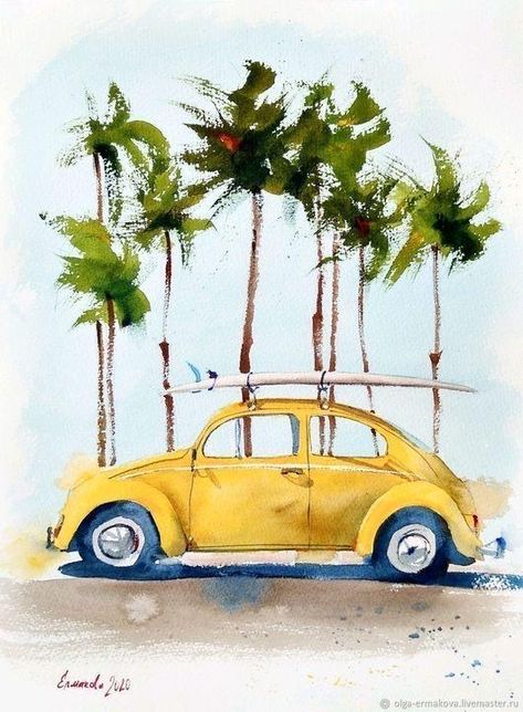 Bus Art, Retro Painting, Vw Art, Create Color Palette, Learn Watercolor, Watercolor Pictures, Yellow Car, 수채화 그림, Yellow Art