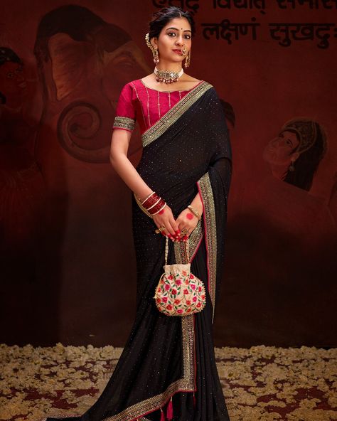 Pink Saree Styling, Black And Pink Saree, Bridesmaid Sarees, Lehenga Choli Wedding, Indian Designer Sarees, Designer Sarees Collection, Indian Sarees Online, Lehenga Style, Blouse Silk