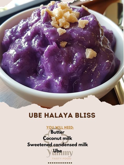 💜🍬 Indulge in Ube Halaya Bliss—this sweet, creamy ube dessert is a Filipino favorite that’s rich in flavor and color! 🍬💜 #UbeHalaya #SweetBliss Ube Halaya Bliss Ingredients: Ube (1 cup, grated) Sweetened condensed milk (1 can, 14 oz) Coconut milk (1 can, 13.5 oz) Butter (1/4 cup) Sugar (1/2 cup) Instructions: In a pan, melt butter over medium heat. Add grated ube and cook for 5 minutes. Stir in sweetened condensed milk, coconut milk, and sugar. Cook, stirring frequently, until thickened (... Sweetened Condensed Milk, Condensed Milk, Coconut Milk, Melted Butter, Milk, Butter, Coconut, Yummy Food