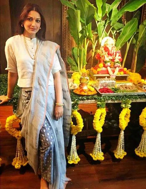 Sonali Bendre Saree, Ganpati Decoration Ideas, Vinayaka Chaturthi, Chaturthi Decoration, Sonali Bendre, Ganesh Chaturthi Decoration, Drape Sarees, Ganpati Festival, Ganpati Decoration At Home