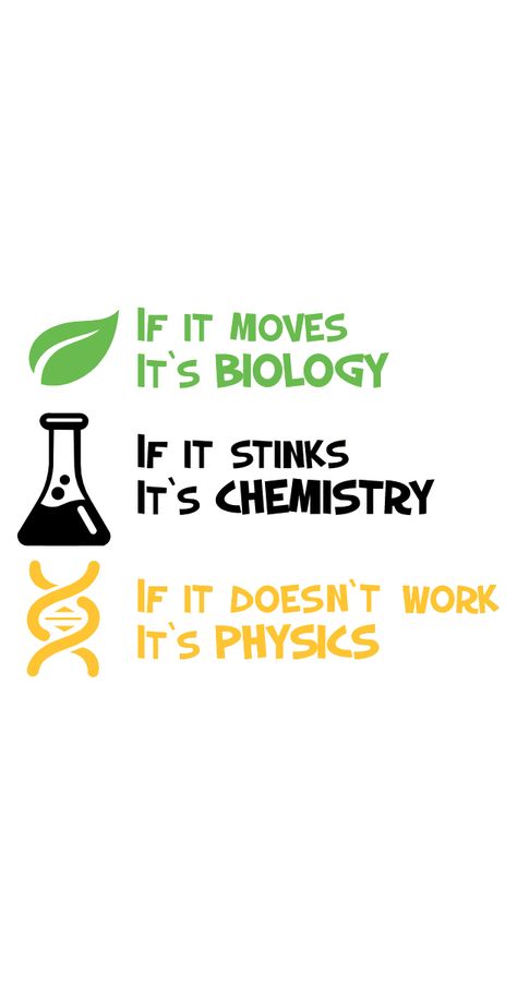 Funny School Subjects Rules Sticker. If it moves it's Biology. If it stinks it's Chemistry. If it doesn't work it's Physics.. #School #Funny #SchoolSubjects #Rules #Biology #Chemisttry #Physics Biology Chemistry Physics, Physics Chemistry Biology Wallpaper, Biology Quotes Funny, Physics Quotes Funny, Biology Funny Science Jokes, Science Wallpaper Biology Aesthetic, Biology Quotes, Physics Drawing, Physics Wallpaper