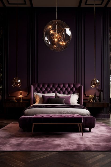 Bedroom Decor Ideas| Bedroom Decor Ideas for Women Purple Wall Bedroom, Plum Bedroom, Dark Feminine Bedroom, Record Decor, Royal Bedroom Design, Purple Bedrooms, Feminine Bedroom, Purple Bedroom, Glam Bedroom