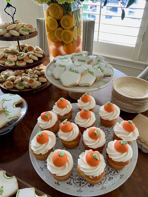 Little cutie themed baby shower dessert table featuring custom baby shower cookies and cutie topped cupcakes. Flowers by Floriade Florist Desserts by Cinotti's Bakery Styling by Sarah Ennis White Events Baby Shower Dessert Table, Orange Baby Shower, Event Planning Services, Graduation Party Planning, Baby Shower Desserts, Diy Baby Shower Gifts, North Florida, Themed Desserts, Baby Shower Table