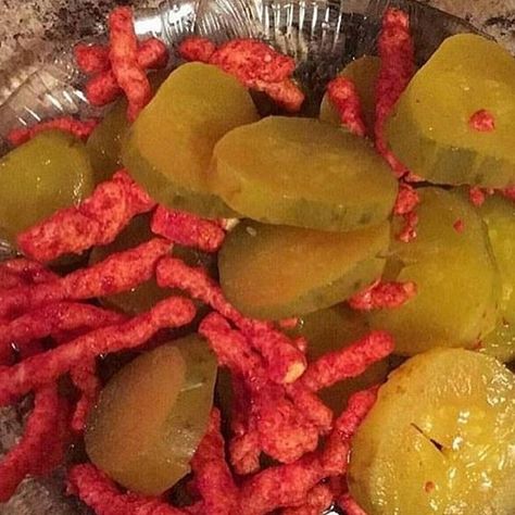 Flaming hot cheetos and pickles. I might actually try this .... Flaming Hot Cheetos, Sanrio Things, Flaming Hot, Mexican Snacks, Hot Cheetos, Hot Chip, Food C, Junk Food Snacks, Spicy Snacks