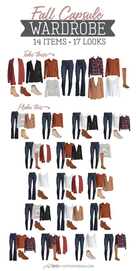 Fall Capsule Wardrobe - 14 items for 17 different Looks! This is a perfect capsule for fall and Thanksgiving! So many pieces you can wear in so many different ways. Summertime Capsule Wardrobe, Western Capsule Wardrobe, Plus Size Capsule Wardrobe, Capsule Wardrobe Casual, Capsule Wardrobe Women, Fall And Thanksgiving, Capsule Wardrobe Work, Capsule Wardrobe Outfits, Fashion Capsule Wardrobe