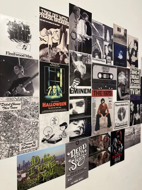 Eminem Bedroom, 1975 Taylor Swift, Eminem Room Decor, Poster Wall Layout, Mazzy Star Poster, Timothee Chalamet Poster, Star Scream, Downtown Room, Chaotic Room