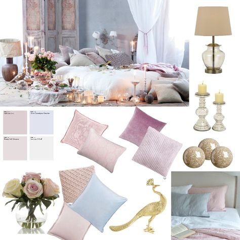 Shabby Chic pastel Mood Board - Style Sourcebook Pink Bedroom Mood Board, Pink Interior Moodboard, Pastel Colour Mood Board, Pastel Luxury Bedroom, Pastel Interior Mood Board, Pastel Mood Board, Paint Color Swatches, Shabby Chic Colors, Pastel Bedroom