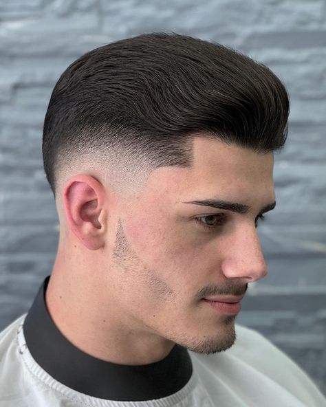 Slicked Back Fade Haircut Straight Slicked Back Hair, Short Slicked Back Hair Men, Brushback Hairstyle Men, Slicked Back Hair Men Undercut, Slick Back Fade, Haircut Slick Back, Slick Back Hairstyle, Edgy Slicked Back Hair, Slick Back Hair Men