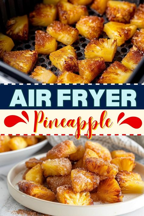 This air fryer pineapple tastes like it came off the grill! The golden, caramelized exterior is such a delightful treat. Air Fried Pineapple Bites, Air Fryer Pineapple Chunks, Air Fry Pineapple, Pineapple Air Fryer, Grilled Pineapple Air Fryer, Air Fried Pineapple Chunks, Air Fryer Pineapple, Air Fryer Recipes Dessert, Air Fryer Recipes Snacks