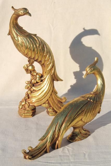 vintage Syroco gold statue figurines, pair of peacock birds, ornate exotic bird figures Metal Bird House, Diwali Installation, Gold Figurines, Job Photo, Peacock Statue, China Decor, Gold Sculpture, Gold Birds, Metal Statue