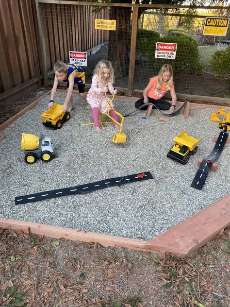 Pebble Play Area, Boys Outdoor Play Area, Construction Play Area Outdoor, Outside Play Area For Kids, Backyard For Toddlers, Daycare Outdoor Play Area, Toddler Outside Play Area, Home Playground Ideas, Playground Ideas Backyard