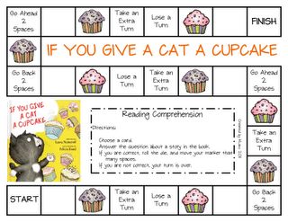 FREEBIE - If You Give a Cat a Cupcake Reading Comprehension Game Cat A Cupcake Activities, Cupcake Activities, Reading Comprehension Games, Comprehension Games, Laura Numeroff, Literature Activities, Author Studies, Light Games, First Grade Reading