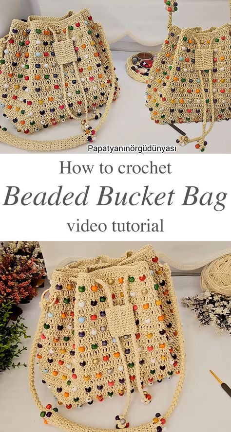 Crochet Beaded Bucket Bag: A Chic Accessory - CrochetBeja Crochet Bags With Beads, Hand Bag Design Ideas, Crochet Beaded Bag, Crochet With Beads Patterns Free, Beaded Crochet Bag, Crochet Bag With Beads, Crochet Bags Ideas, Easy Crochet Bag Pattern Free, Bead Bag Pattern