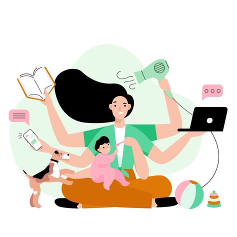 Download the Busy mother doing a lot of work at home. Stressed mom with six hands keeping laptop, book, phone, hairdryer and feeding her child. Multitasking concept vector illustration. 2828349 royalty-free Vector from Vecteezy for your project and explore over a million other vectors, icons and clipart graphics! Multitasking Illustration, Character Flat Design, Campaign Branding, Mom Drawing, Computer Business, Illustration Man, Person Illustration, Product Website, Mental Load