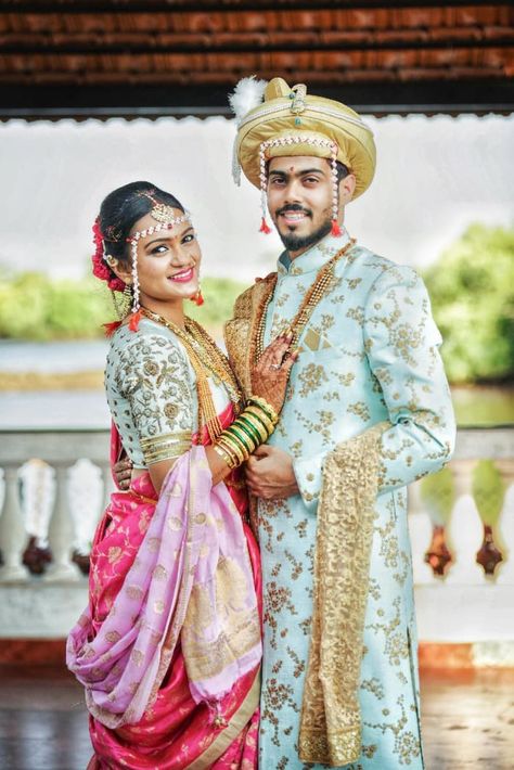 Marathi Bride, Indian Wedding Poses, Wedding Outfits For Groom, Wedding Dresses Men Indian, Bride And Groom Outfits, Couple Wedding Dress, Indian Wedding Couple Photography, Bride Photography Poses, Indian Wedding Couple