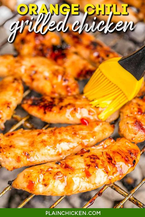 Orange Chili Grilled Chicken - seriously delicious! Only 4 ingredients! Chicken, sweet chili sauce, honey and orange juice. Grill and baste with reserved sauce. SO much great flavor!!! We always double the recipe for leftovers - great on a salad or in a wrap. We LOVE this easy chicken marinade recipe! Chicken Sweet Chili Sauce, Grilled Pineapple Chicken, Easy Chicken Marinade, Marinating Chicken Breast, Chicken Marinade Recipes, Grilled Meats, Plain Chicken, Chicken Marinade, Pineapple Chicken