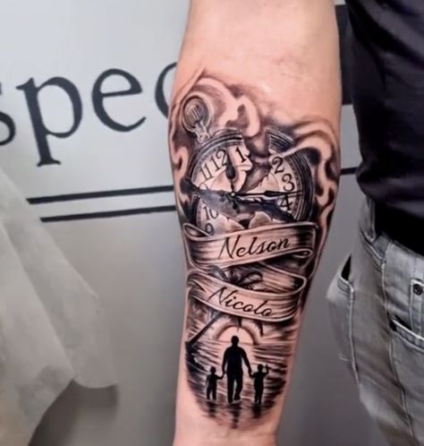 Child Name Tattoo Ideas For Men, Children Name Tattoo Ideas For Men, Child Name Tattoo, Child Name Tattoo Ideas, Name Tattoo Ideas, Tattoos With Kids Names, Tattoo Ideas For Men, Family Tattoos, Tattoos For Kids