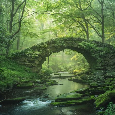 An ancient stone bridge arched over a tranquil stream in a misty, lush green forest. Ancient Forest Aesthetic, Marshland Aesthetic, Forest With Stream, Feywild Aesthetic, Bridge In Forest, Fantasy Stone, Vast Forest, Bridge Aesthetic, Forest Bridge