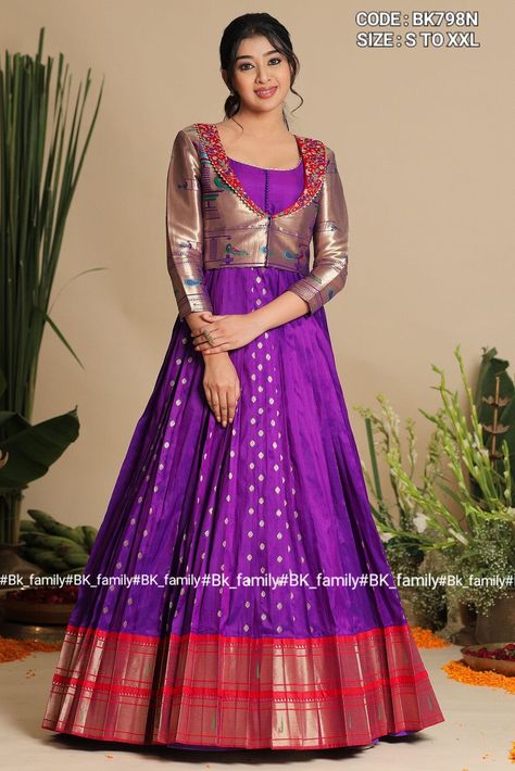 Sari One Piece Dress, Irkal Dress Design Kurti, Saree Transformation To Dress, Kathpadar Saree Dress Design, Paithani Long Frocks, Paithani Saree Dress Recycle, Old Saree To New Dress Ideas, Coat Model Blouse Designs, Silk Long Frocks Indian