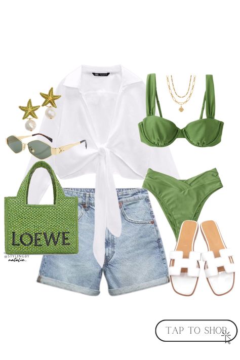 Poolside Looks, Green Summer Swimwear For Poolside, Green Beachwear Swimwear For Pool, Green Beachwear Sets For Poolside, Textured Green Swimwear For Poolside, Green Poolside Beachwear Cover-up, Poolside Outfit, Summer Vacation Style, Pool Outfits