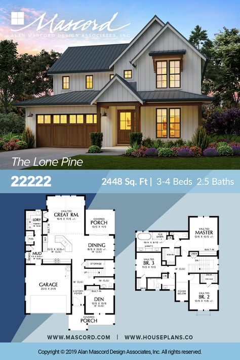 Country living in an urban setting never felt so good! A narrow footprint fits in with neighborhood lots, but the well laid out open floor plan and great outdoor connections provide that country lifestyle money can't buy.  Entertainers and family oriented folks rejoice, this plan has both fantastic public gathering and private spaces combined. Floor Plan Family Home, House Exterior And Floor Plan, Small Family Home Floor Plans, Narrow Floor Plans, Family Floor Plans, House Plans Ideas, Narrow Lot House, Narrow Lot House Plans, 3d Floor Plan