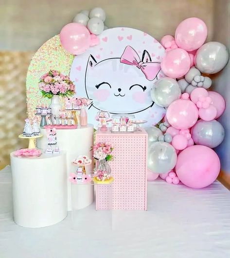 Kitten Birthday Party, Cat Baby Shower, Cat Themed Birthday Party, Kitten Party, Kitten Birthday, Party Backdrops, Balloon Kits, Shimmer Wall, Cat Birthday Party