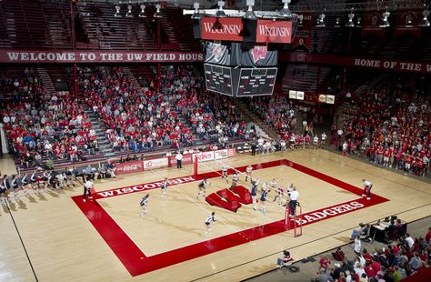 The UW Field House, built is 1930, has housed the Volleyball team since 1974. Wisconsin Volleyball, Wisconsin University, Basketball Court Layout, Field House, Volleyball Games, Uw Madison, Dream College, Dream School, Wisconsin Badgers