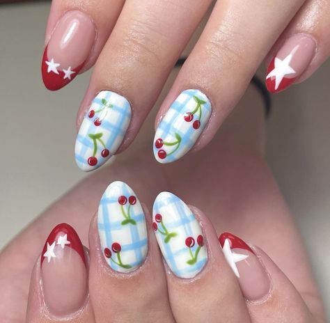 4th of july nails 4th Of July Cherry Nails, Vintage 4th Of July Nails, Aesthetic 4th Of July Nails, Vintage Americana Nails, Cherry Pie Nails, Blue Gingham Nails, Red Gingham Nails, Gingham Nail Art, Blue Cherry Nails