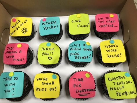 Good Bye Cupcakes, Retirement Party Cupcakes, New Job Cupcakes, New Job Cake Ideas, Retirement Cupcake Ideas, Farewell Cupcakes, Retirement Cupcakes, Retirement Cake Sayings, Cake Sayings