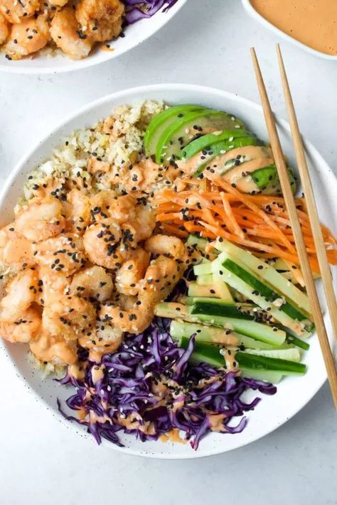 Dynamite Shrimp Sushi Bowl | Every Last Bite Shrimp Sushi Bowl, Dynamite Shrimp, Sushi Bowl Recipe, Sushi Salad, Shrimp Sushi, Recipe Shrimp, Grain Free Diet, Crispy Shrimp, Poke Bowls