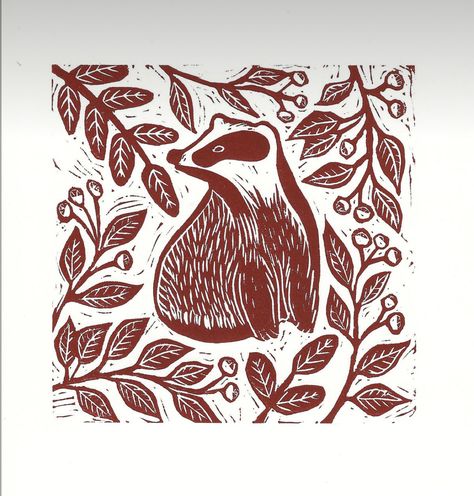 Woodland Lino Print, Linocut Prints Animals, Badger Line Art, Linocut Vegetables, Lino Print Animals, Animal Lino Print, Badger Linocut, Woodland Linocut, Printmaking Animals