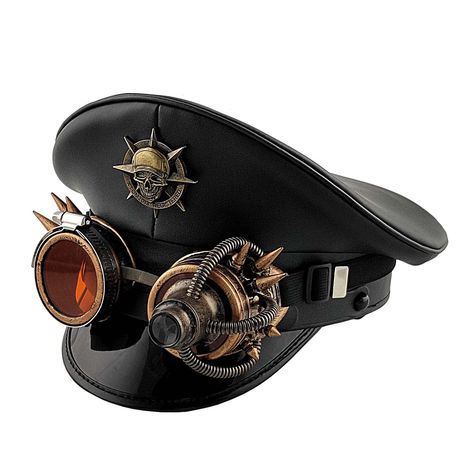 PRICES MAY VARY. Hand Wash Only Description: Captain Hat Material: Faux Leather Color: Black Circumference of Hat: 57cm/22.44inch 59cm/23.23inch 61cm/24.02inch German Style Officer Military Captain Hat Leather Army Cap With Steampunk Goggles for Party Halloween Costume Unisex Steampunk Halloween, Steampunk Fashion Male, Steampunk Goggles, Steampunk Hat, German Style, Aviator Hat, Army Cap, Crazy Hats, Military Cap