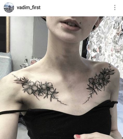 Symmetrical Clavicle Tattoo, Witchy Collarbone Tattoo, Alt Collar Bone Tattoo, Gothic Collarbone Tattoo, Edgy Floral Tattoo, Collarbone Tattoo Goth, Clavical Tattoos Women, Colarbone Tattoo Girl, Afro Tattoo