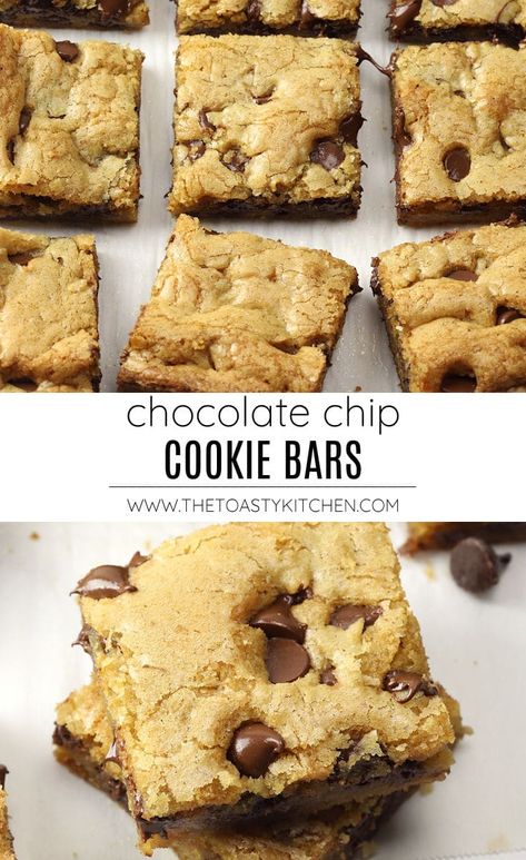 Chocolate chip cookie bars recipe by The Toasty Kitchen. Chocolate chip cookie bars are easy to make from scratch in your own home. This recipe requires no chilling time and no mixer - they're ready in less than an hour! These bars turn out chewy and soft, and are filled with melty chocolate chips. #chocolatechipcookiebars #cookiebars #chocolatechips #recipe #homemade #fromscratch #recipe #dessert Chewy Bread Recipe, Chocolate Chip Deserts, Chewy Cookie Bars, Chocolate Chip Pan Cookies, Chocolate Chip Cookie Bar Recipe, Church Recipes, Chip Recipes, Baked Desserts, Chewy Bread