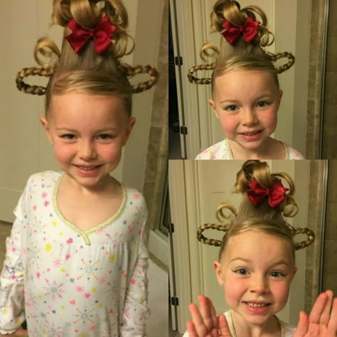 Who Hair Dr Suess, Theme Dress Up Ideas, Grinch Hair, Cindy Lou Who Hair, Whoville Hair, Grinch Cindy Lou, Short Hair For Kids, Cookie Recipes Holiday, School Spirit Days