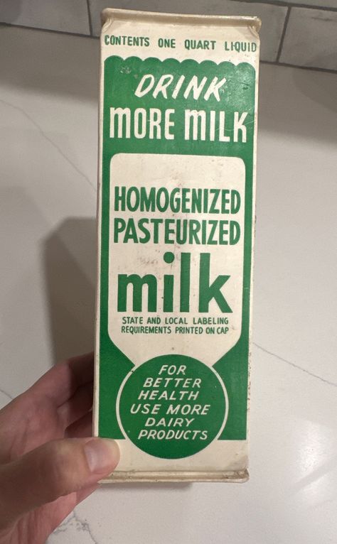 1940's Waxed One Quart Homogenized Pasteurized Milk Carton or Container "Drink More Milk" Green and White Waxed Container.  Measures about  2 3/4" x2 3/4" x 8"  Wear as pictured, please view carefully.  I don't sell reproductions, rest assured everything I sell is old and original. If you have a question, ask it. I'd like you to be fully satisfied with your purchase.  Just to keep things easy, I offer flat rate shipping. I will combine shipping as much as possible. If you purchase multiple items Canned Milk, Milk Carton Design, Milk Label Design, Milk Carton Printmaking, Milk Carton Packaging, Milk Carton Illustration, Glass Milk Carton, Vintage Milk Carton, Retro Milk Carton