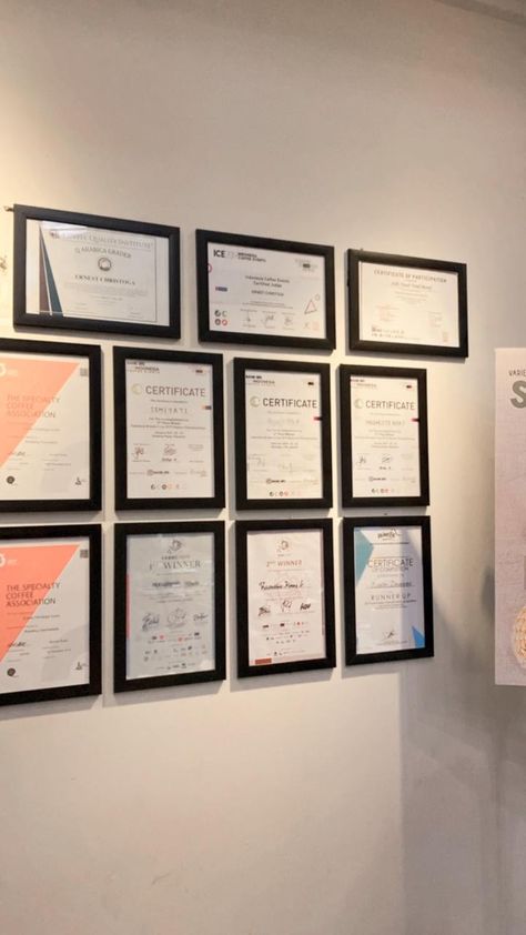 Esthetician Certificate Wall, Certification Wall Display, Display Certificates On Wall, Office Certificate Wall Display, Certificate Vision Board, Certificate Display Ideas, Certificate Wall Display Ideas, Diploma Display Wall, Vision Board Titles