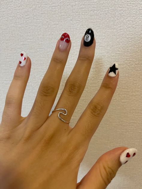 #nails #nailart #nailideas #nailinspiration #heartnails #starnails #blacknails #rednails #whitenails #8ball Eightball Nails, Red 8 Ball Nails, 8 Ball Cherry Nails, Magic 8 Ball Nails, Magic Eight Ball Nails, 8ball Nail Design, 8 Ball Nail Art, Eight Ball Nails, Pool Ball Nails