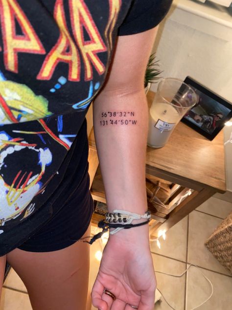 House Coordinates Tattoo, Coordinates Tattoo Placement Arm, Coordinates Tattoo Placement, Tattoo Placement Arm, Grad 2023, Coordinates Tattoo, Ink Therapy, Inner Arm Tattoo, Strength Tattoo