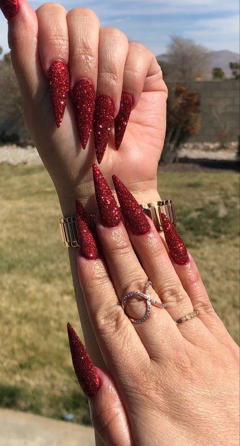 Dark Red Glitter Nails Acrylic, Red Sequin Nails, Red Glitter Acrylics, Red Glitter Stiletto Nails, Red Sparkly Nails Christmas, Pointy Christmas Nails, Red Nails For Valentines Day, Red Nails Ideas Glitter, Red Glitter Nails Acrylic