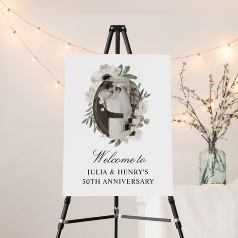 50th Anniversary Welcome Sign, Anniversary Welcome Sign, Reception Welcome Sign, Floral Welcome Sign, Diamond Theme, Welcome Signs Front Door, Event Decor Ideas, Large Sign, Welcome Board