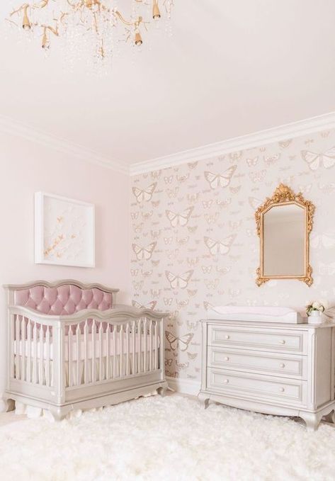 16 Dreamy Pink, White, And Gold Nursery Ideas (How To Decorate One?) Butterfly Nursery Gender Neutral, Butterfly Flower Nursery, Butterfly Themed Nursery Girl, Baby Girl Nursery Butterflies, Anastasia Nursery, Butterfly Theme Nursery, Avery Nursery, Butterfly Nursery Theme, Butterfly Nursery Baby Girl