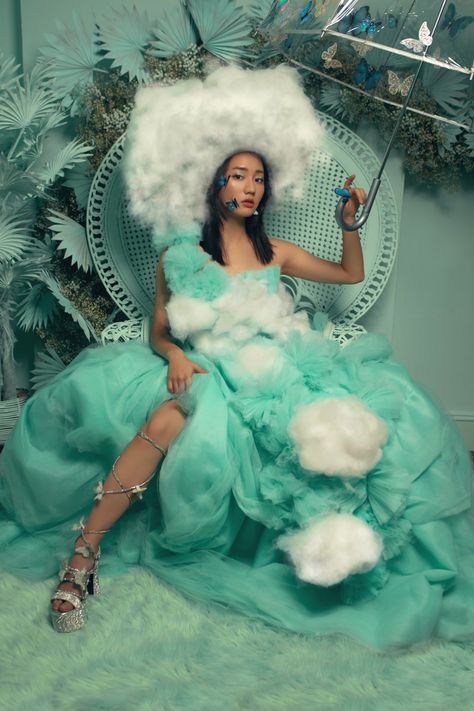 Cloud Hat, Mint Makeup, Mint Dress, Makeup Aesthetic, Wardrobe Stylist, Tulle Gown, Performance Outfit, Fashion Shoot, Creative Director