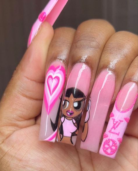 Baddie acrylic nails inspo Cartoon Acrylic Nail Designs, Pink Cartoon Nails, Bratz Doll Nails, Bratz Nails Art, Bratz Nails Acrylic, Bratz Inspired Nails, Bratz Nails Design, 90s Theme Nails, Barbie Acrylic Nails