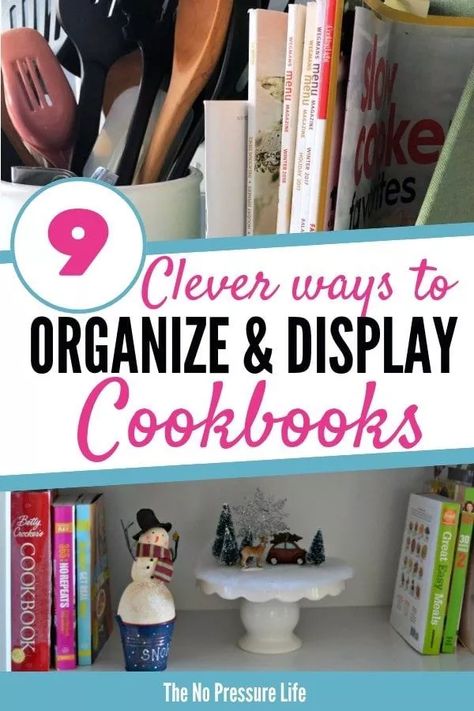 Books In Kitchen Ideas, Kitchen Cookbook Storage Ideas, Kitchen Bookshelf Ideas Cookbook Shelf, Recipe Book Storage Ideas Kitchens, Cookbook Organization Ideas, How To Display Cookbooks, Displaying Cookbooks In Kitchen, Cookbook Display In Kitchen, Cookbooks In Kitchen Displaying